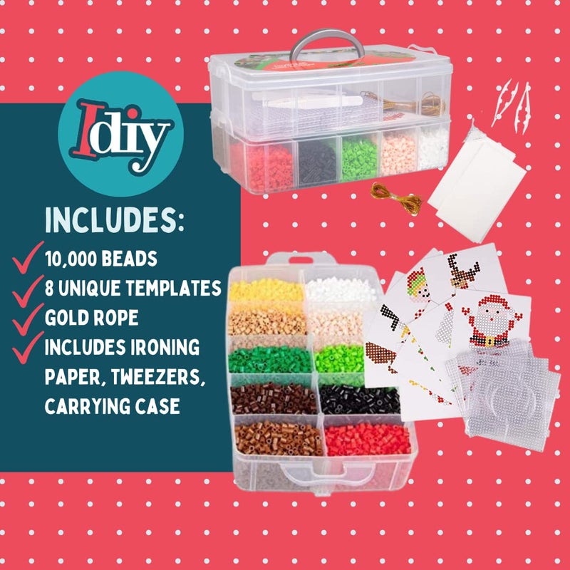 SCS Direct 10,000-Piece Holiday Fuse Bead Kit for DIY Xmas Ornaments - 8 Unique Christmas Designs w Peg Boards, Tweezers, Ironing Papers - Great for Homemade Ornaments, Holiday Classroom Parties Family Activity - Image 4
